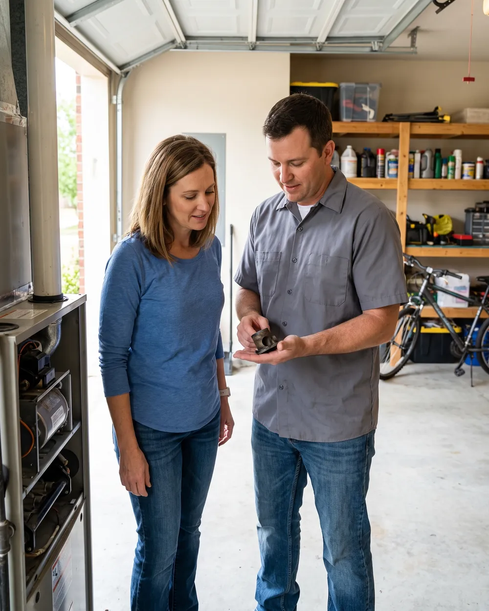 HVAC technician in a garage showing a homeowner a worn part from her open gas furnace
