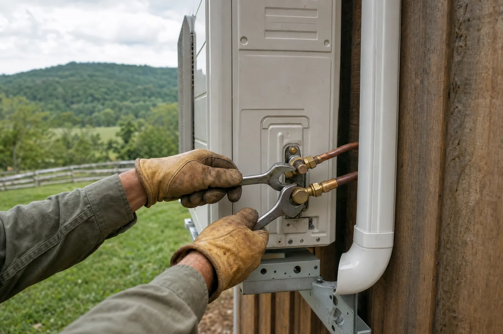 HVAC technician in leather work gloves using two wrenches to tighten the copper line set flare nuts on a ductless mini split outdoor unit, with wooded hills behind