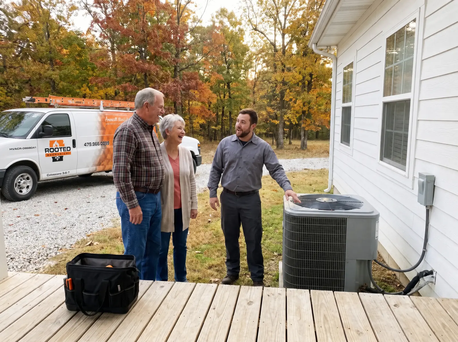 HVAC technician talking with a retired couple on the front porch of a farmhouse, pointing toward their outdoor AC unit, with the orange and white Rooted Mechanical service van on the drive