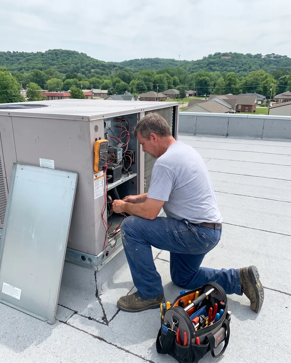 HVAC technician kneeling on the flat roof of a small commercial building, servicing a packaged rooftop unit with its panel off, wooded hills behind