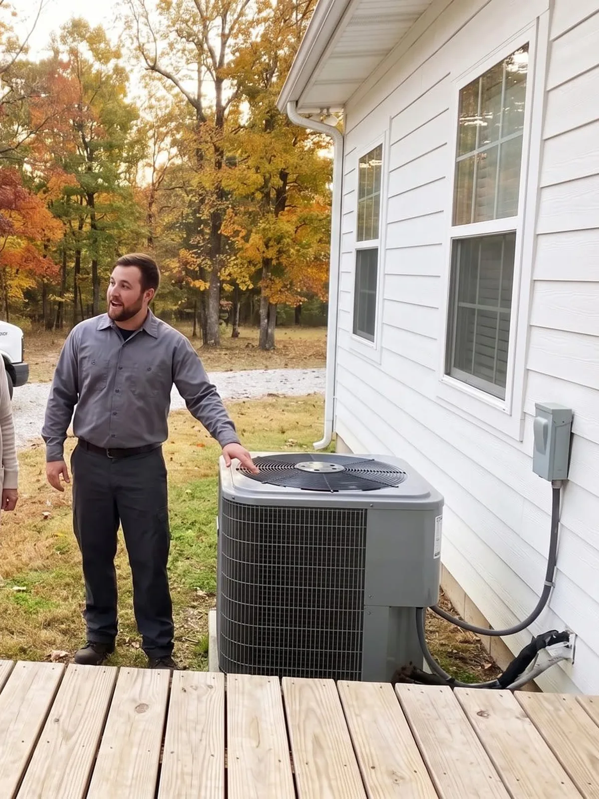 A technician in an orange shirt and cap kneels at an outdoor air conditioner beside a brick wall, with a manifold gauge set in the grass