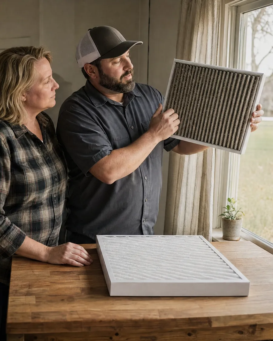 HVAC technician holding a clogged furnace air filter up to the kitchen window light while a homeowner looks on, a new filter on the counter