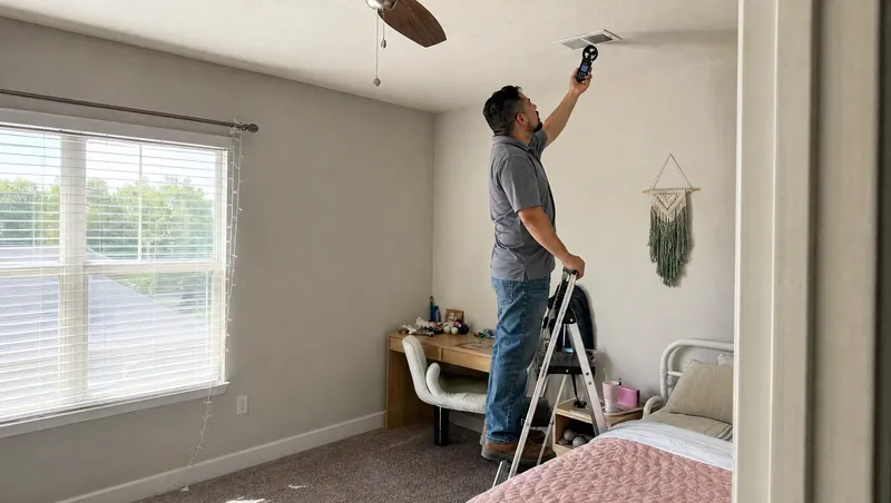 HVAC technician on a step ladder holding an airflow meter up to a ceiling supply register in a bedroom