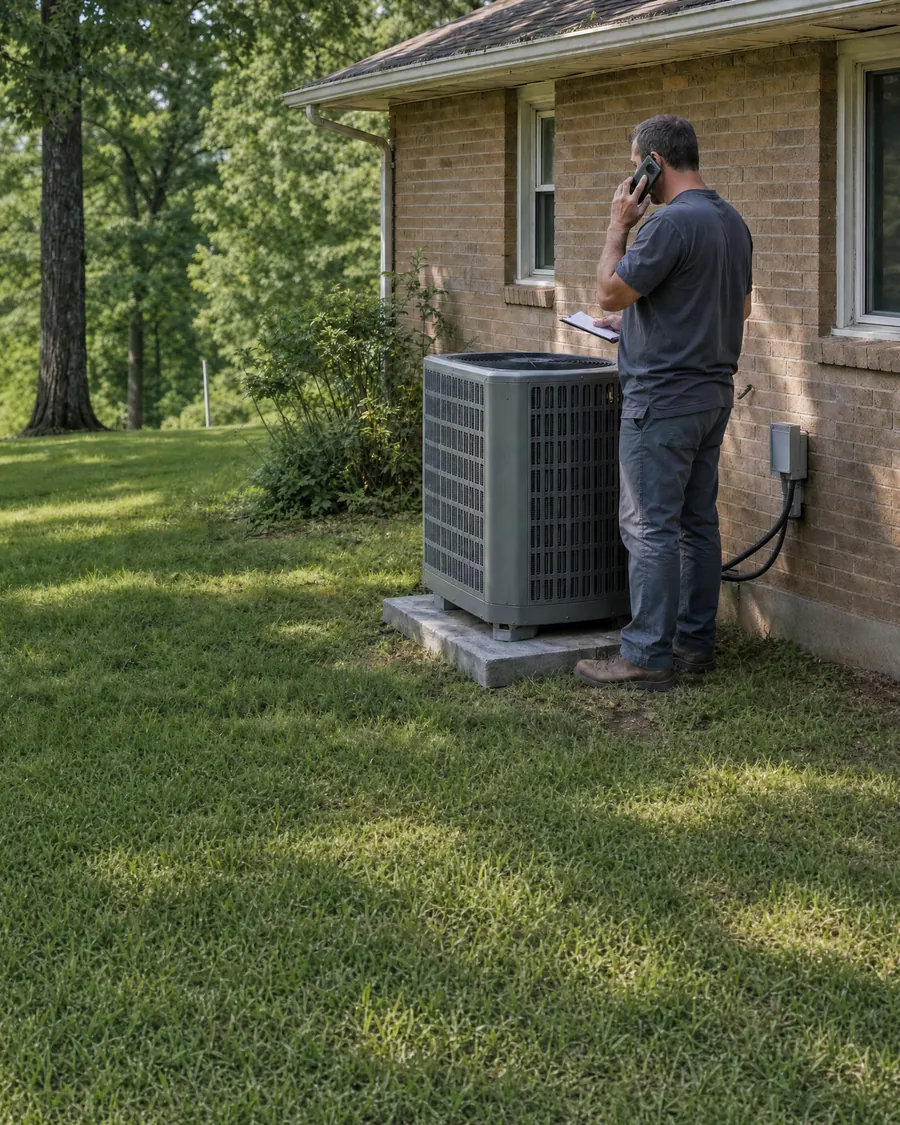 HVAC technician on a phone call beside an outdoor air conditioner in the side yard of a brick home in rural Northwest Arkansas