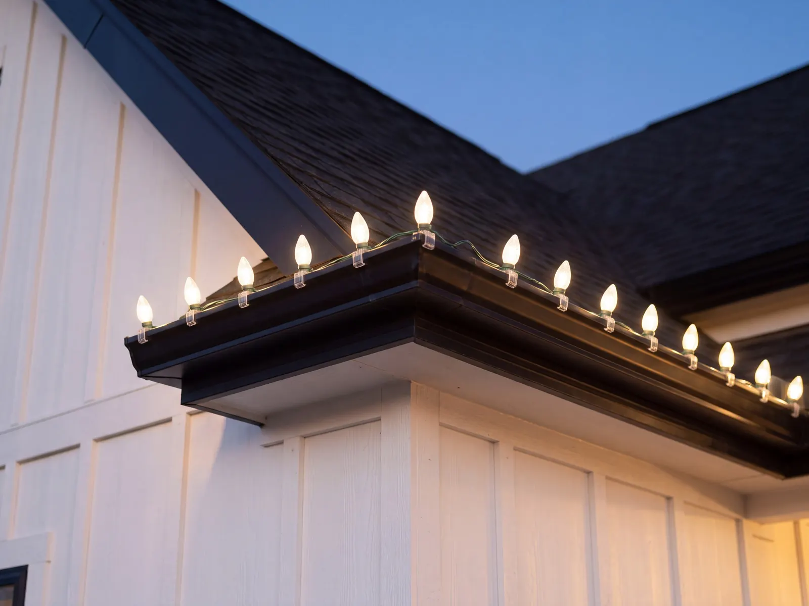 Close-up of warm-white C9 bulbs clipped along a dark gutter on a white board-and-batten house at dusk