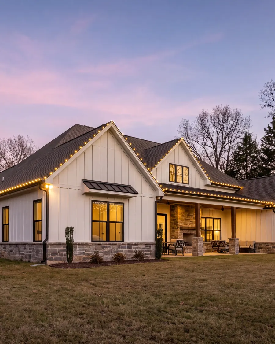 White modern farmhouse on a large wooded lot at dusk with warm-white holiday lights along the roofline