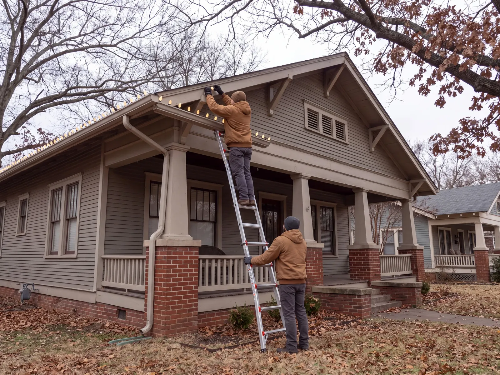 Installer on a ladder clipping lights along the porch gable of a gray craftsman bungalow while a second person holds the ladder