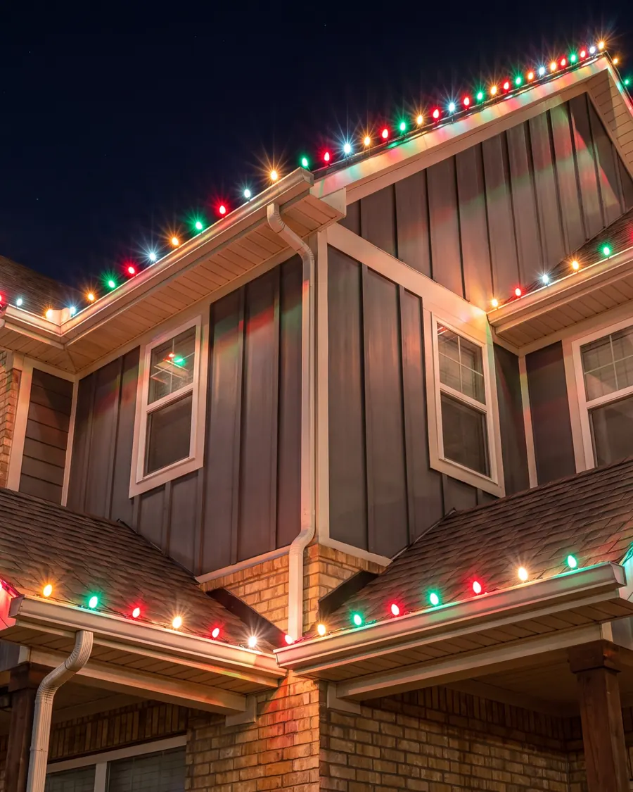 Low-angle night view of a two-story home with red, green and white Christmas lights along every gable and eave