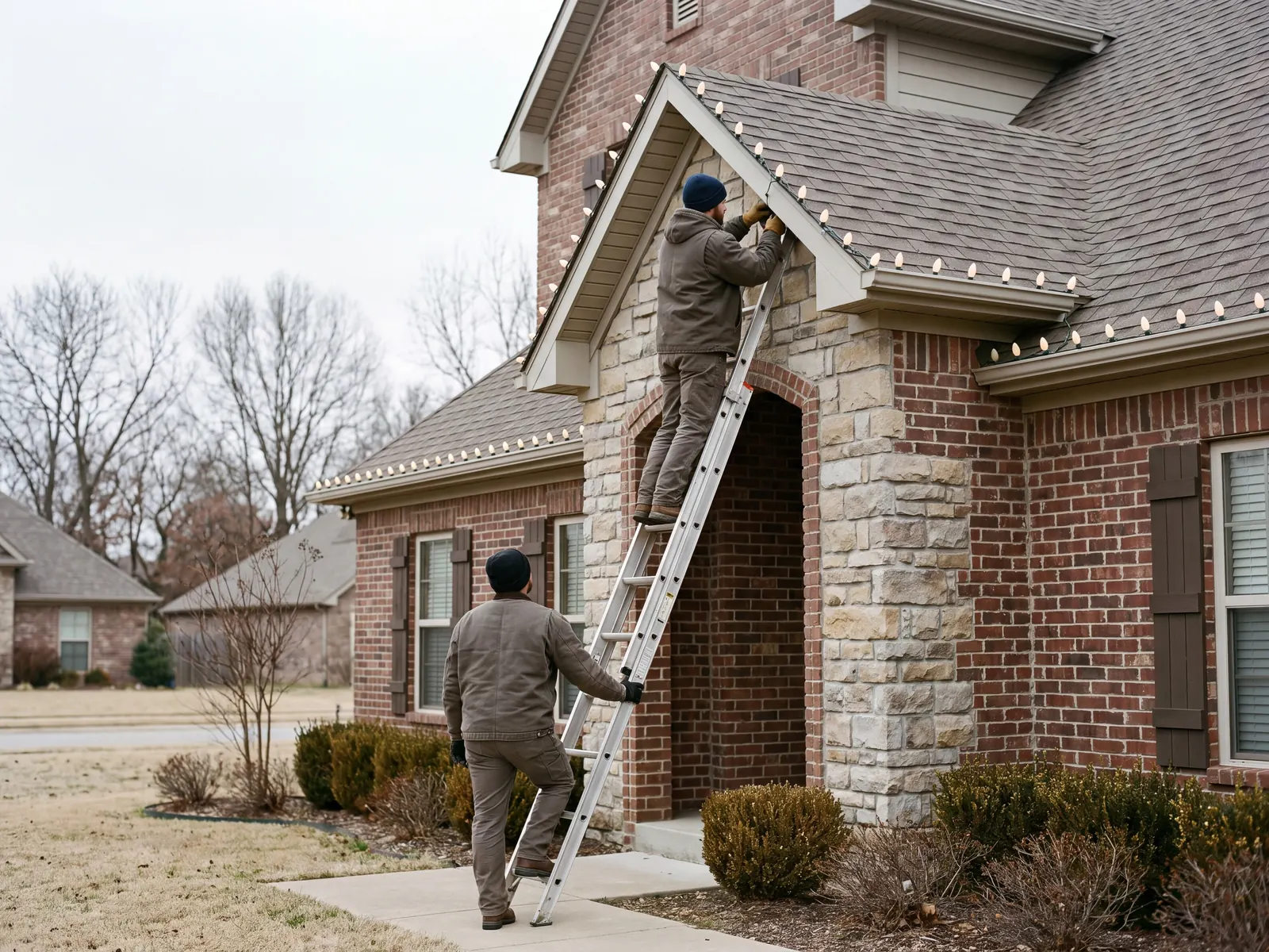 Installer on an extension ladder clipping lights along a stone entry gable while a second person steadies the ladder