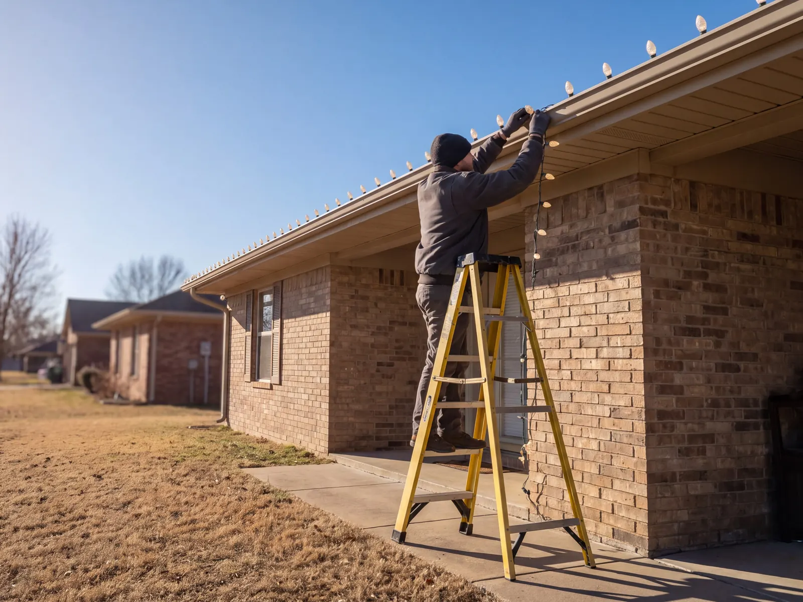 Holiday light installer on a step ladder clipping C9 bulbs along a home's gutter