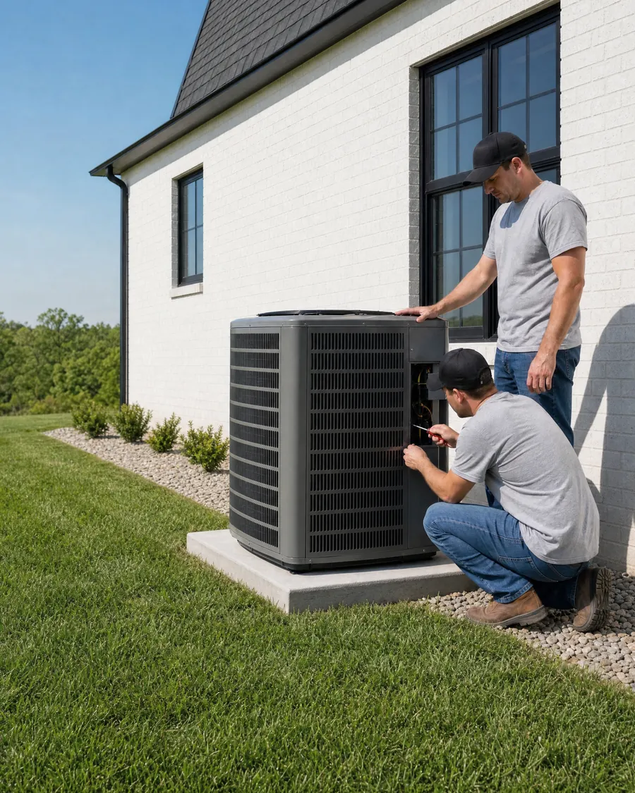 Two technicians work on a new outdoor air conditioner sitting on a concrete pad beside a white brick house.