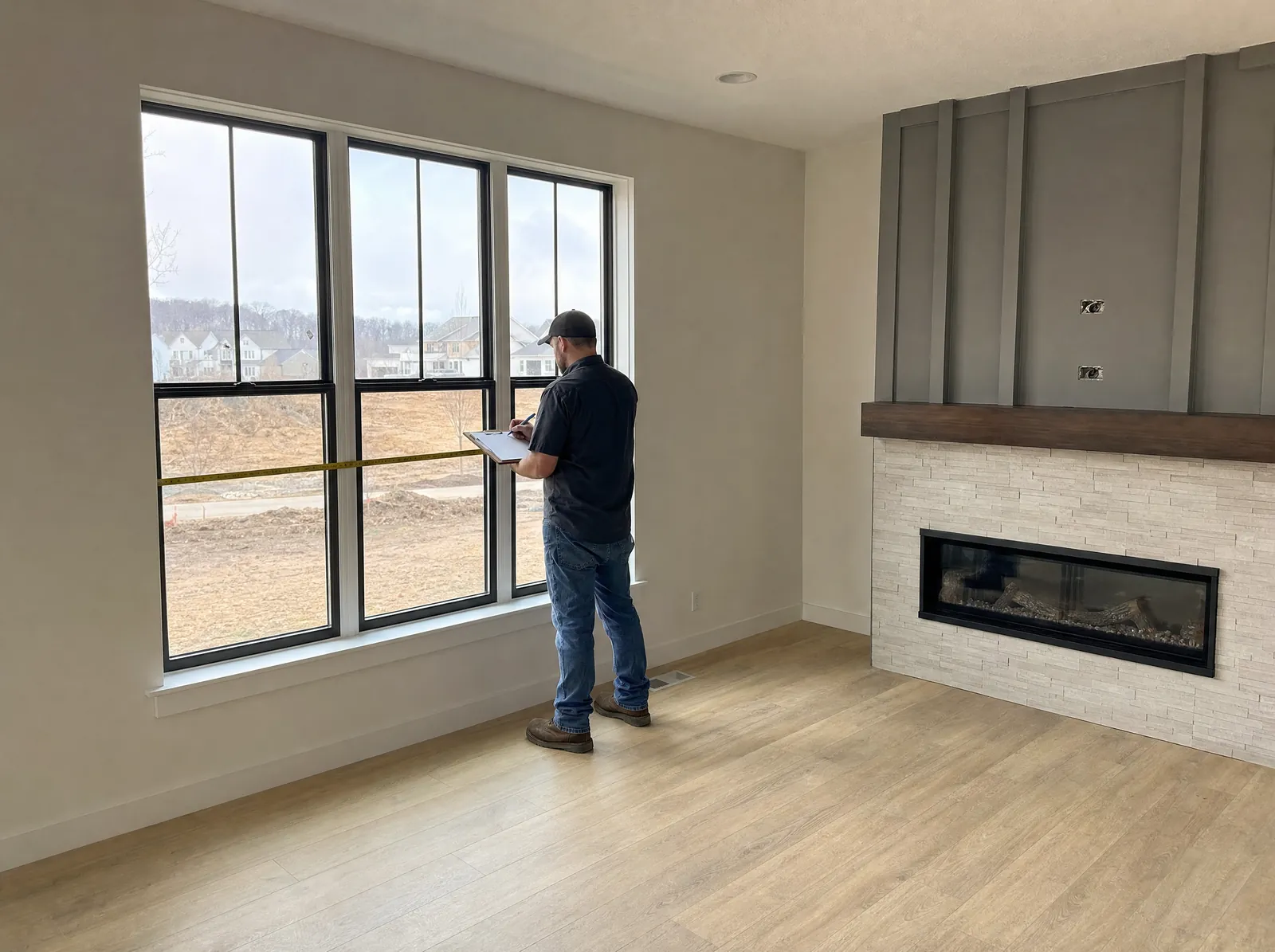 A technician measures a living room window and writes on a clipboard.