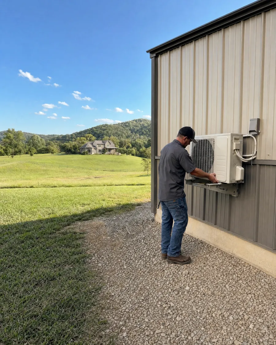 A technician mounts a mini split on the metal siding of a workshop.