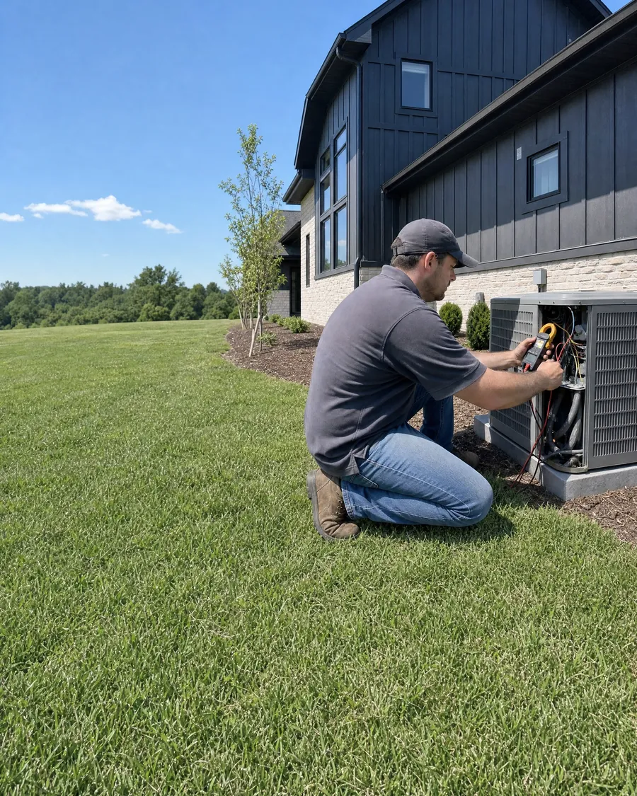 A technician checks the wiring inside an outdoor air conditioner beside a dark sided house.