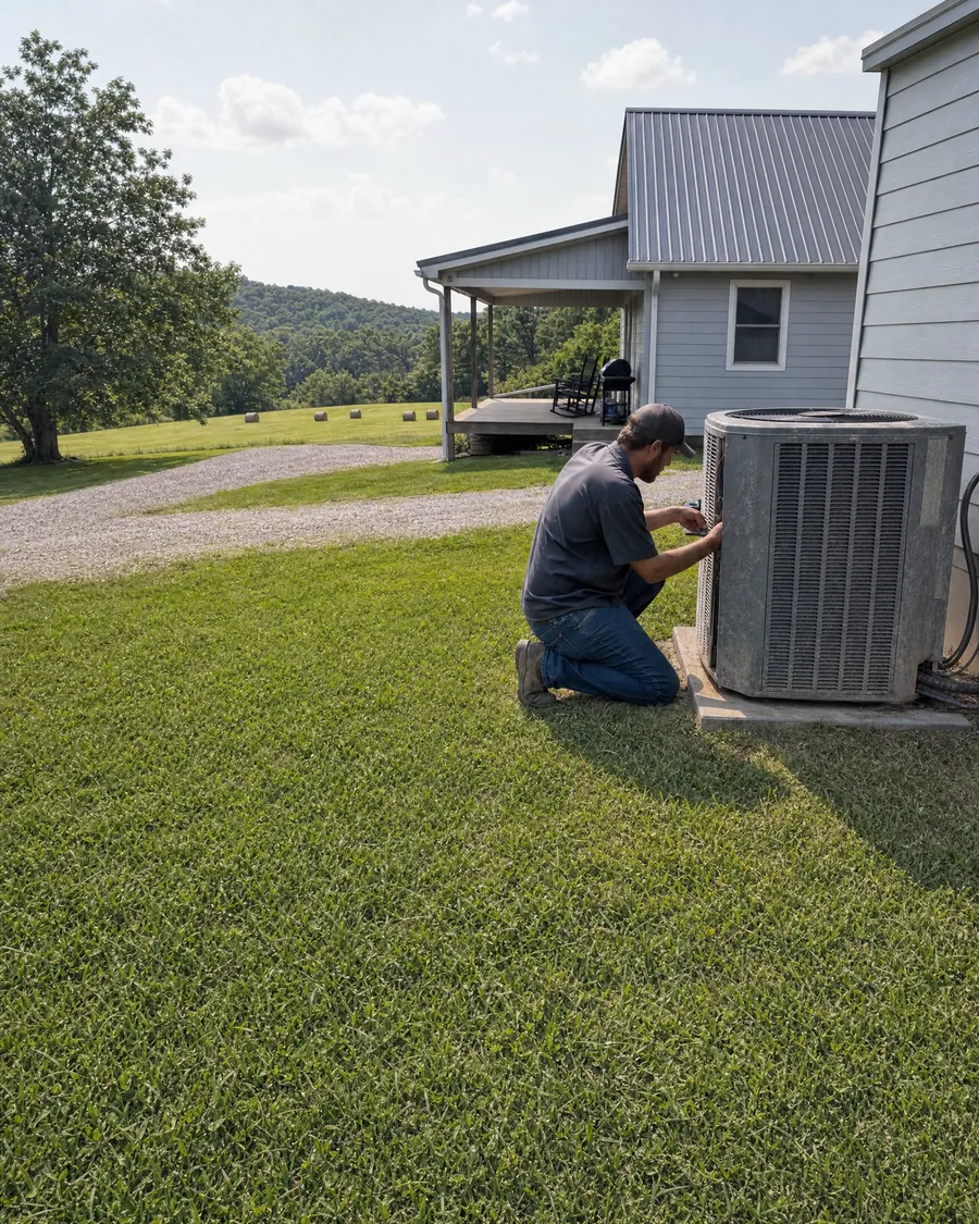 A technician works on a dusty outdoor air conditioner beside a metal roof house and a gravel drive.