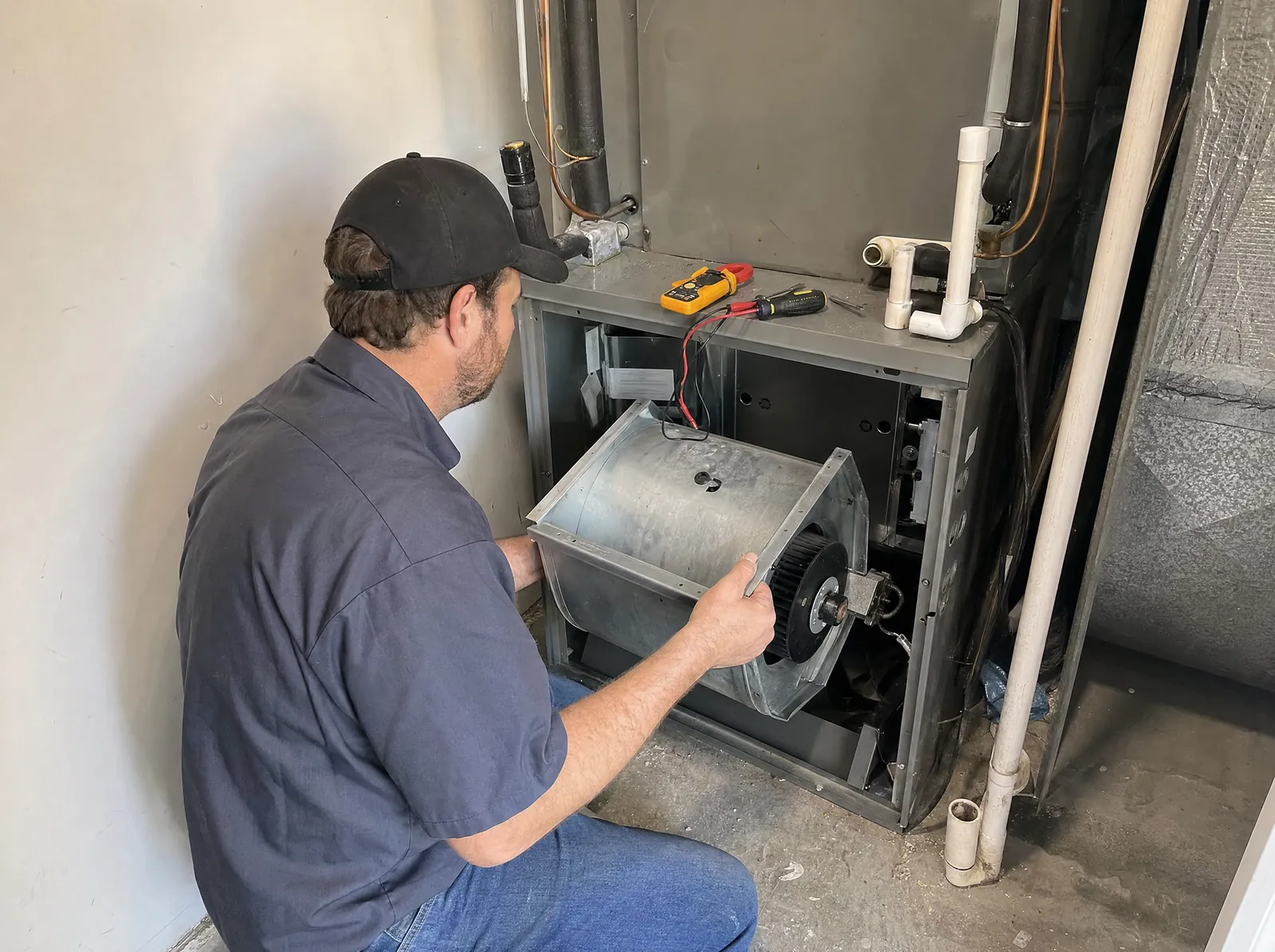 A technician pulls a blower wheel out of an indoor air handler.