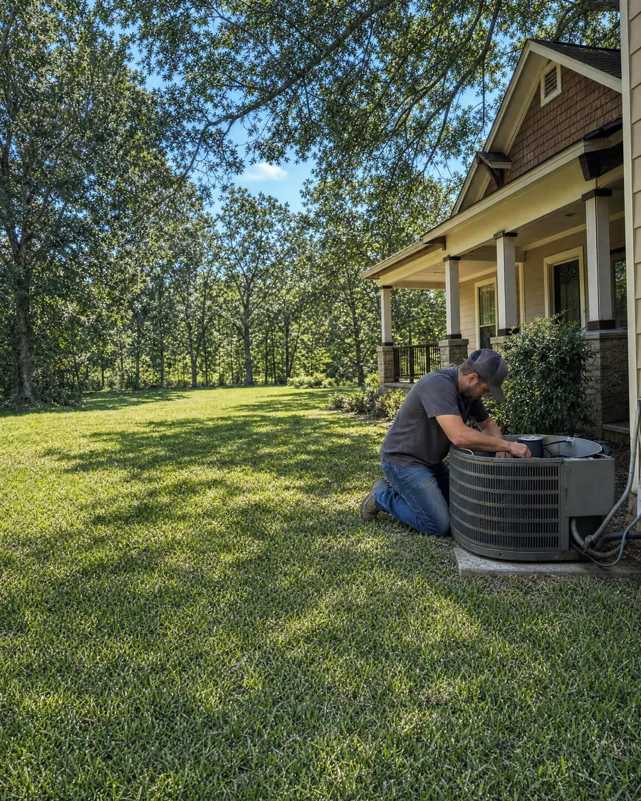 A technician works on an outdoor air conditioner beside a craftsman house with a covered porch.