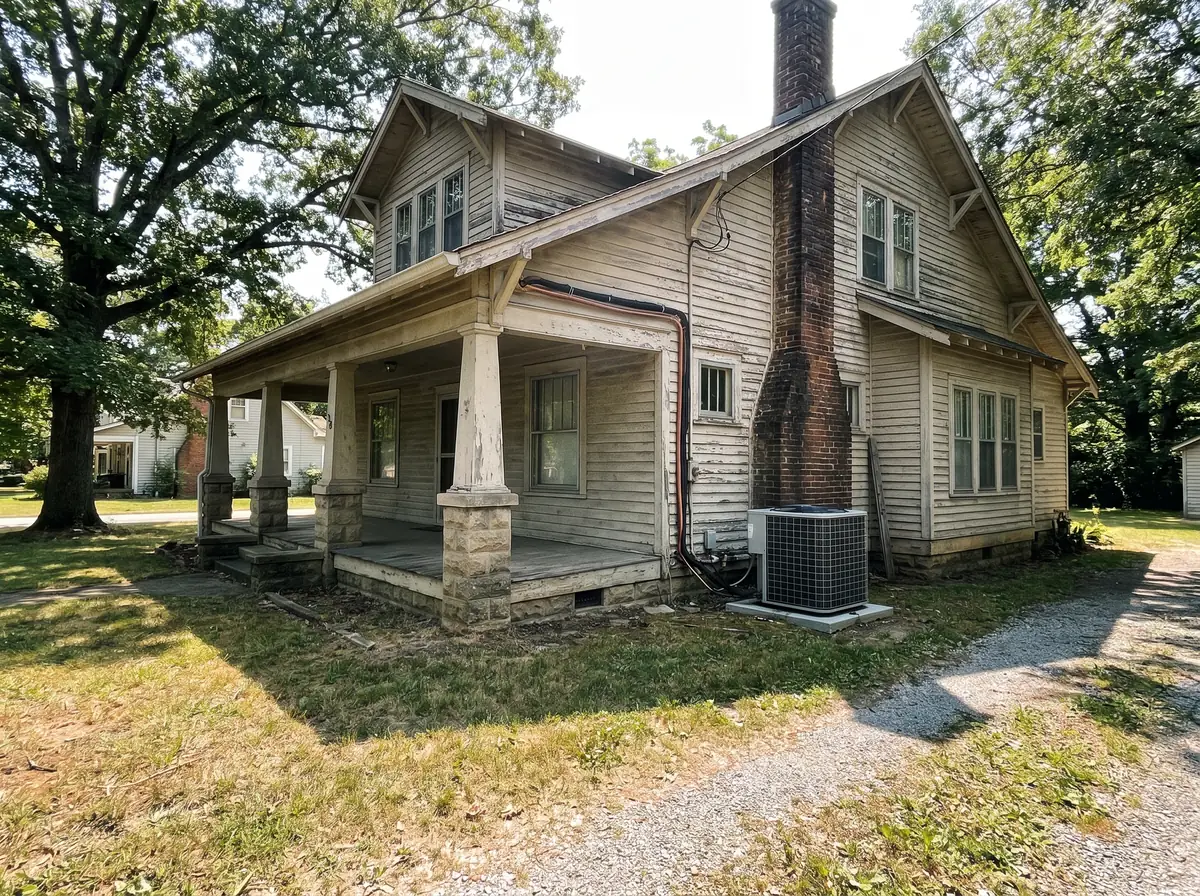 Older craftsman house with a deep front porch and an outdoor AC condenser on a pad in the side yard