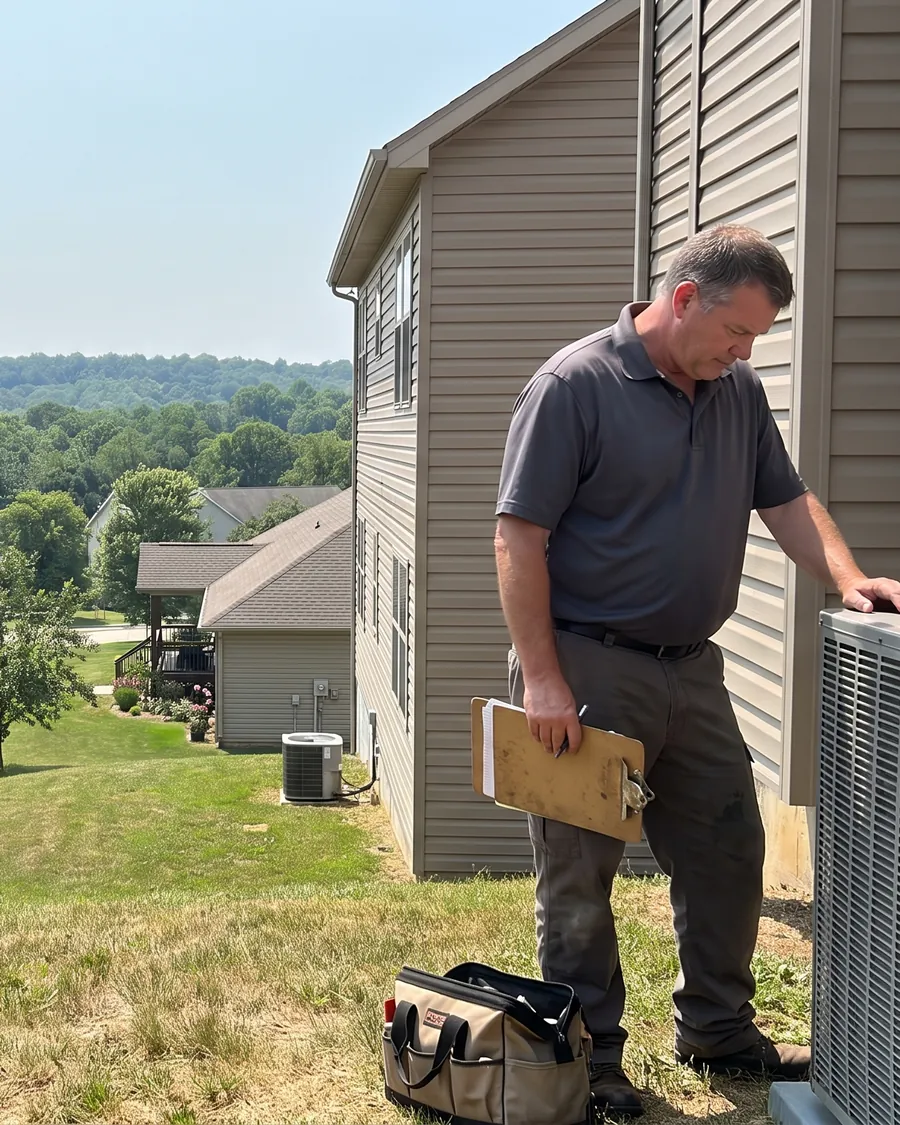 HVAC technician with a clipboard checking an outdoor AC condenser beside a house on a hillside, wooded ridges behind the neighborhood