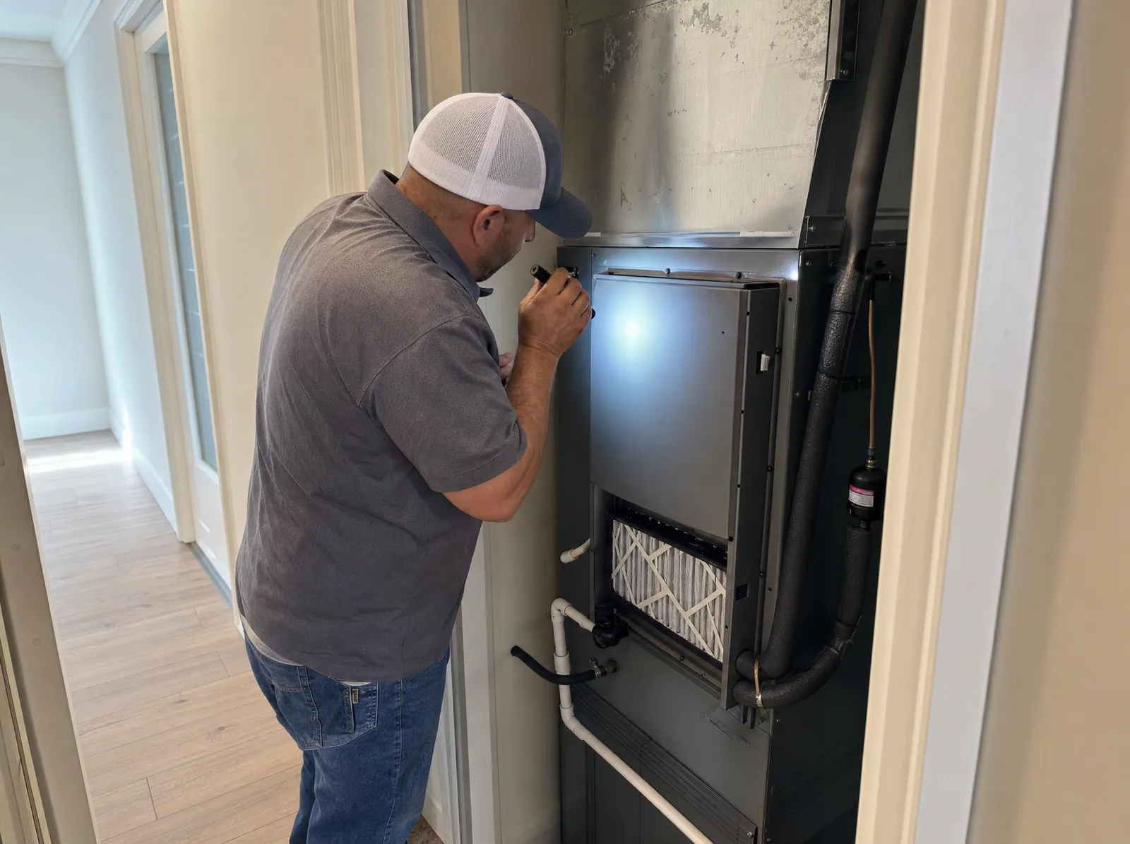 HVAC technician with a flashlight inspecting a newly installed indoor air handler and its sheet metal plenum in a home utility closet