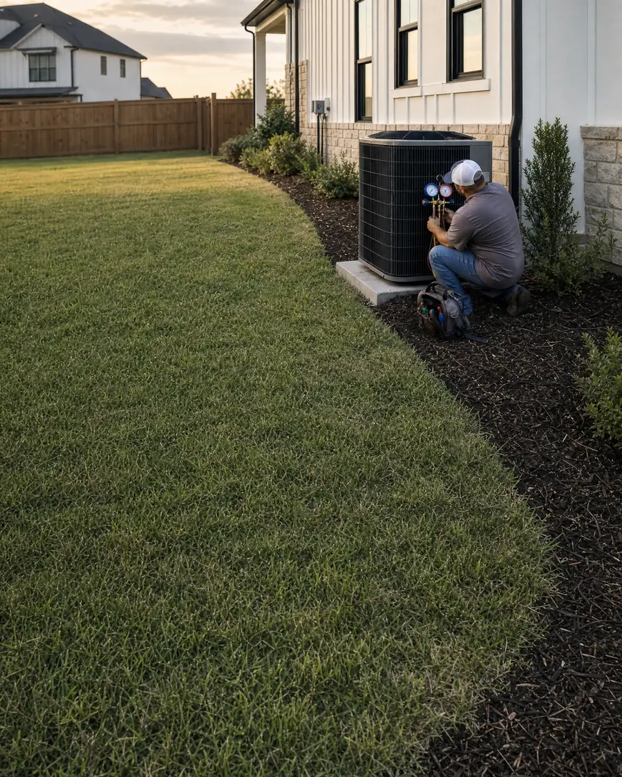 HVAC technician crouched at an outdoor air conditioner beside a newer two-story home with white board and batten siding and a stone base, reading refrigerant gauges
