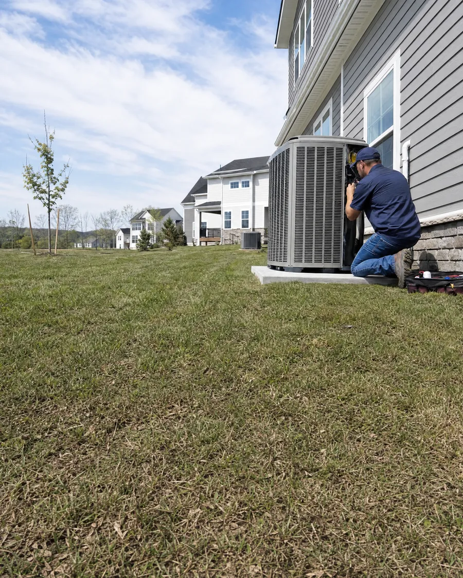 HVAC technician checking a new outdoor air conditioner on a fresh concrete pad beside a newly built home with gray siding