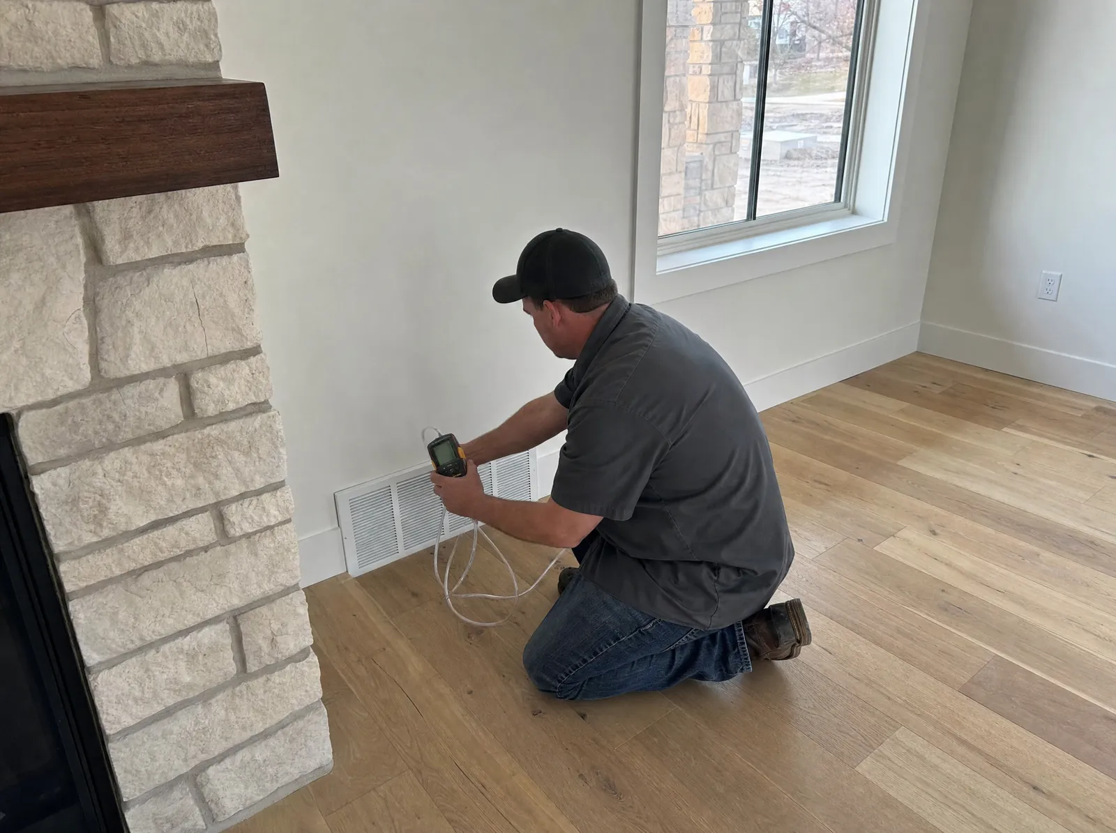HVAC technician kneeling at a return air grille with a digital manometer in a newly built living room
