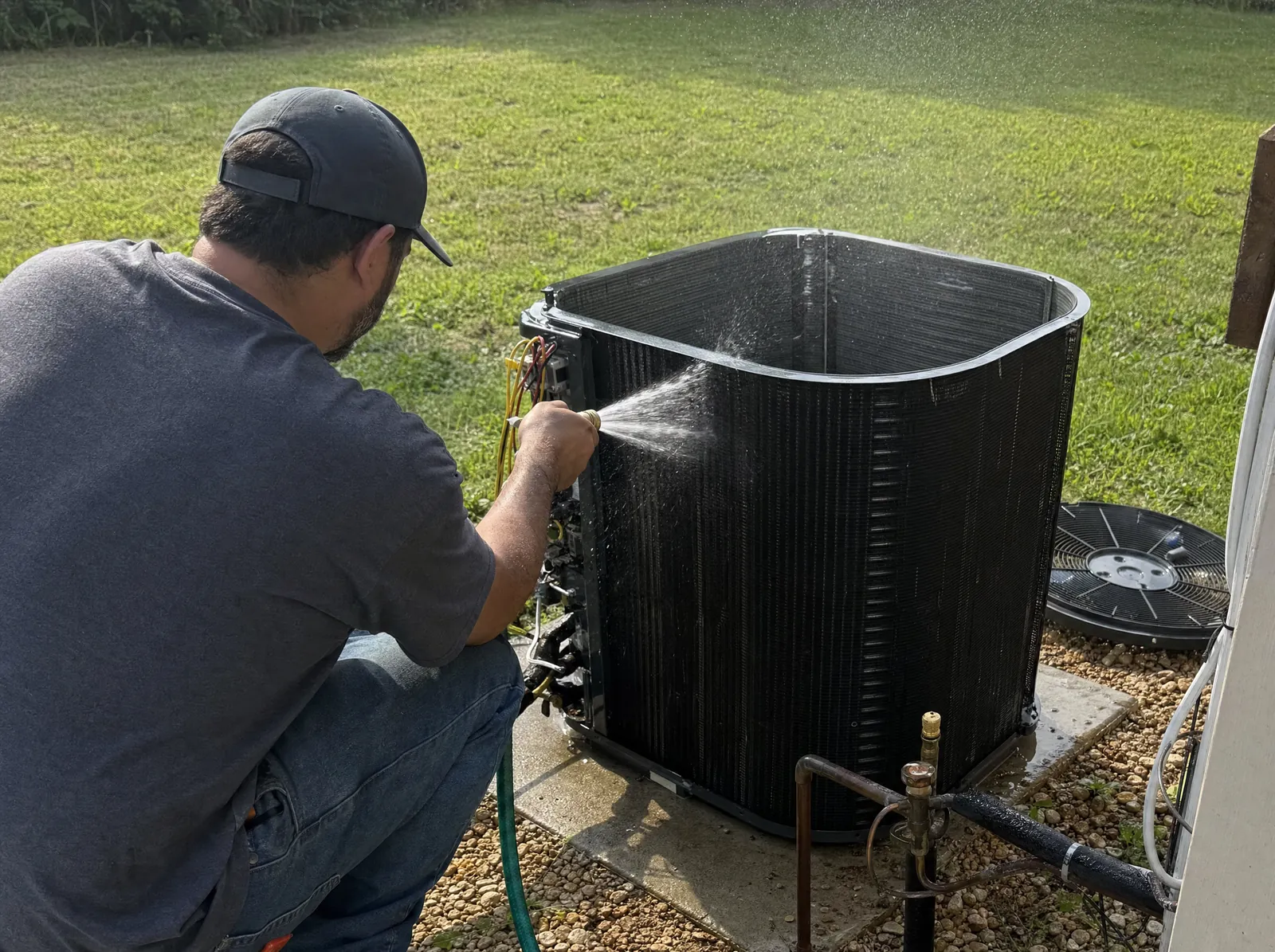 HVAC technician rinsing the coil of an outdoor unit with a hose, the fan assembly removed and set aside