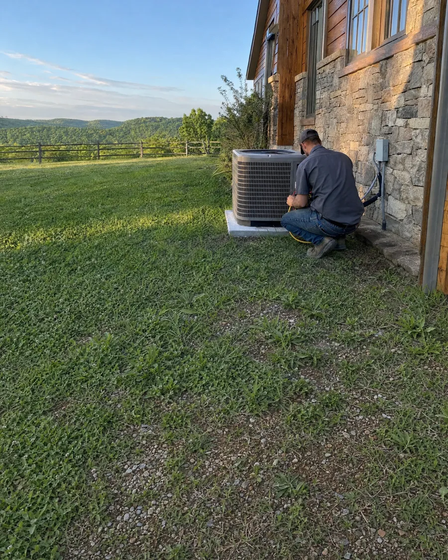 HVAC technician checking an outdoor air conditioner beside a stone and timber home, with a split rail fence and wooded hills behind