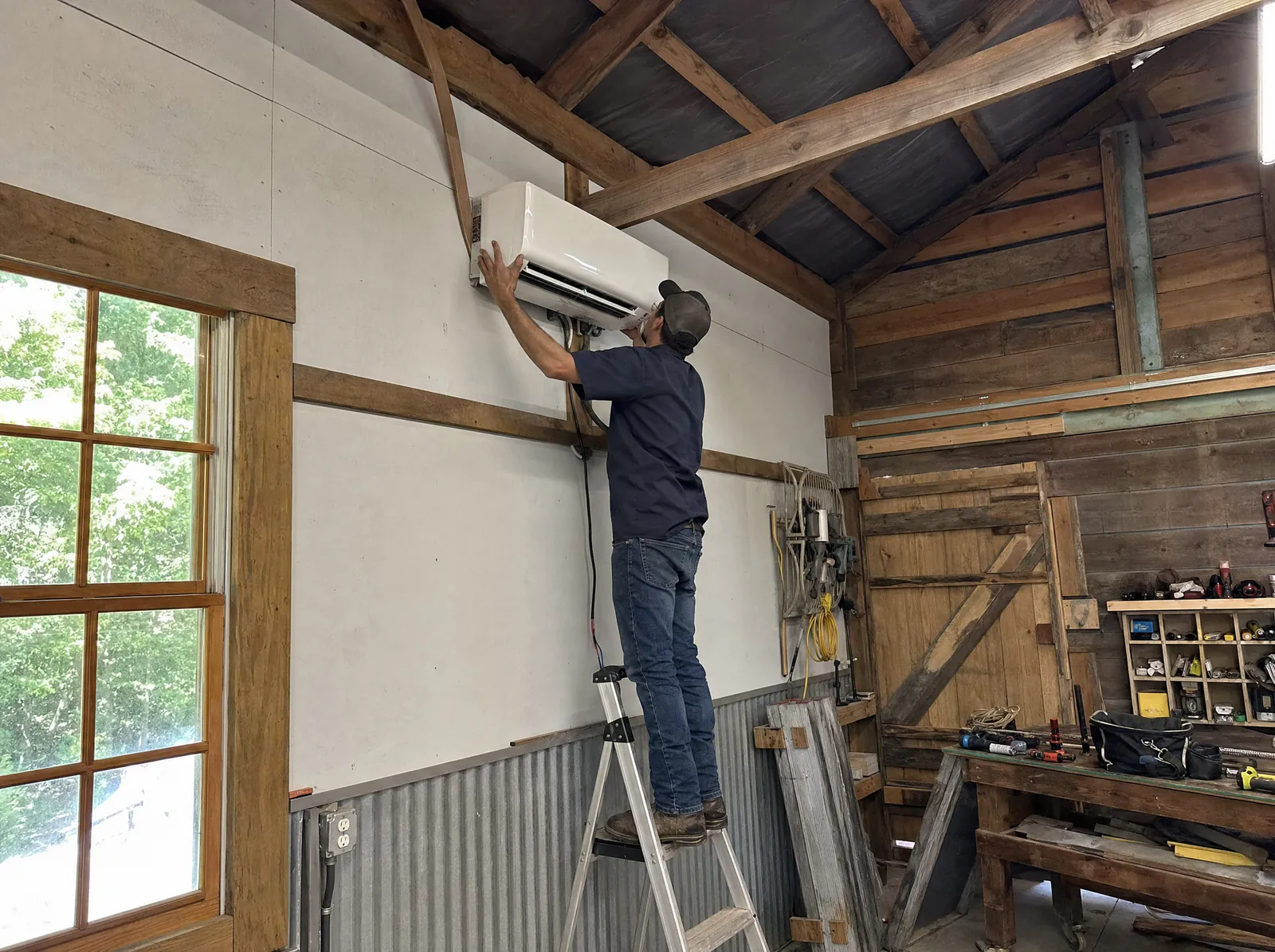 HVAC technician on a step ladder mounting a ductless mini split indoor unit on the wall of a barn workshop