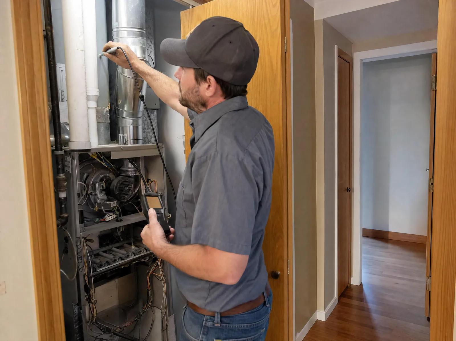 HVAC technician testing a gas furnace with a combustion analyzer in a hallway utility closet