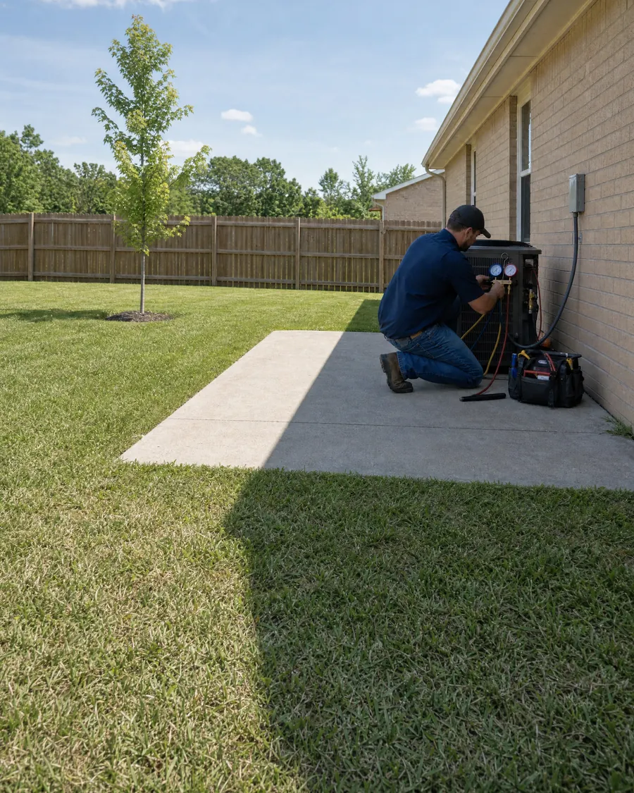 HVAC technician reading refrigerant gauges at an outdoor air conditioner beside a tan brick home with a small fenced backyard