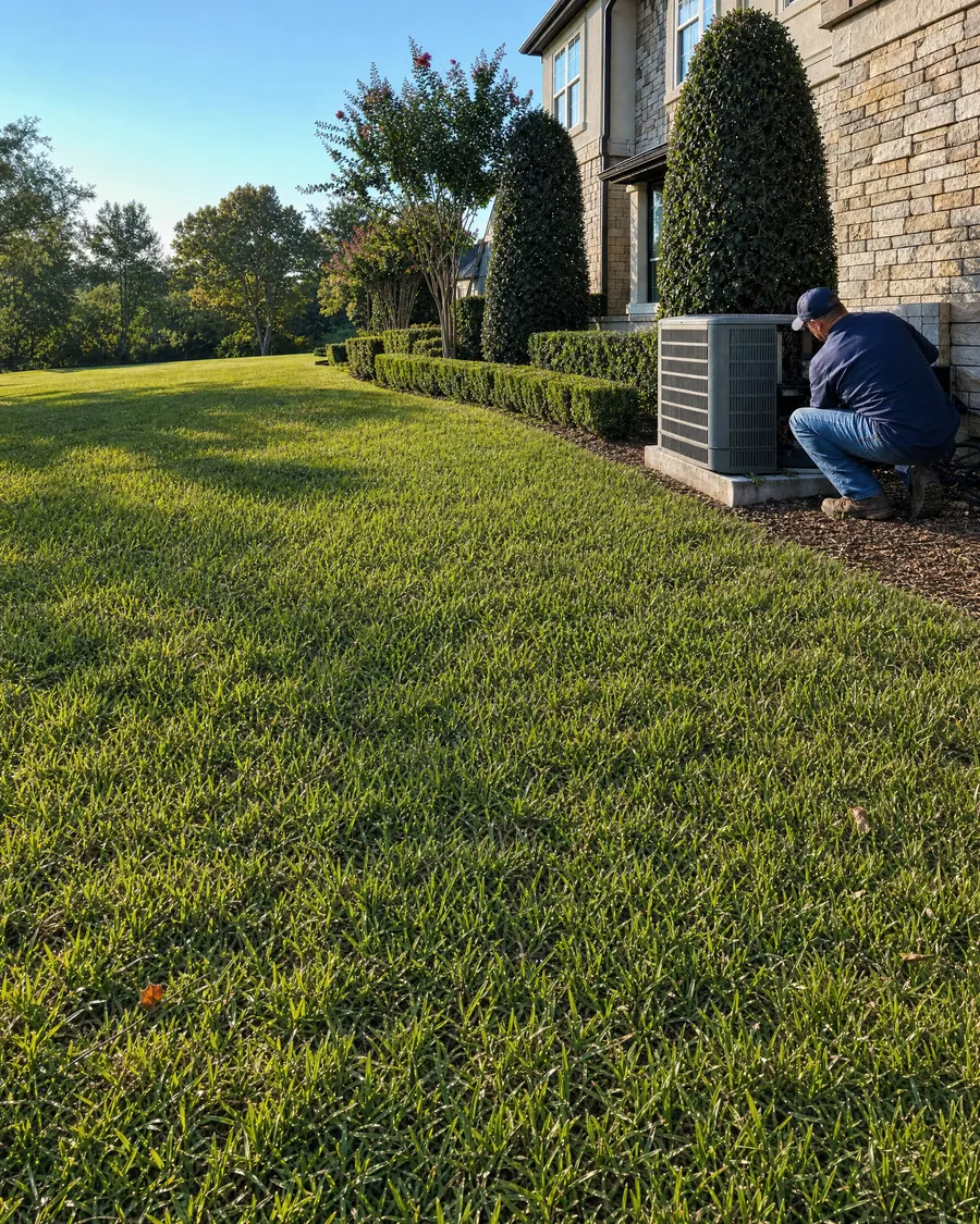 HVAC technician crouched at an outdoor air conditioner beside a stone two-story home with trimmed boxwood shrubs and a manicured lawn