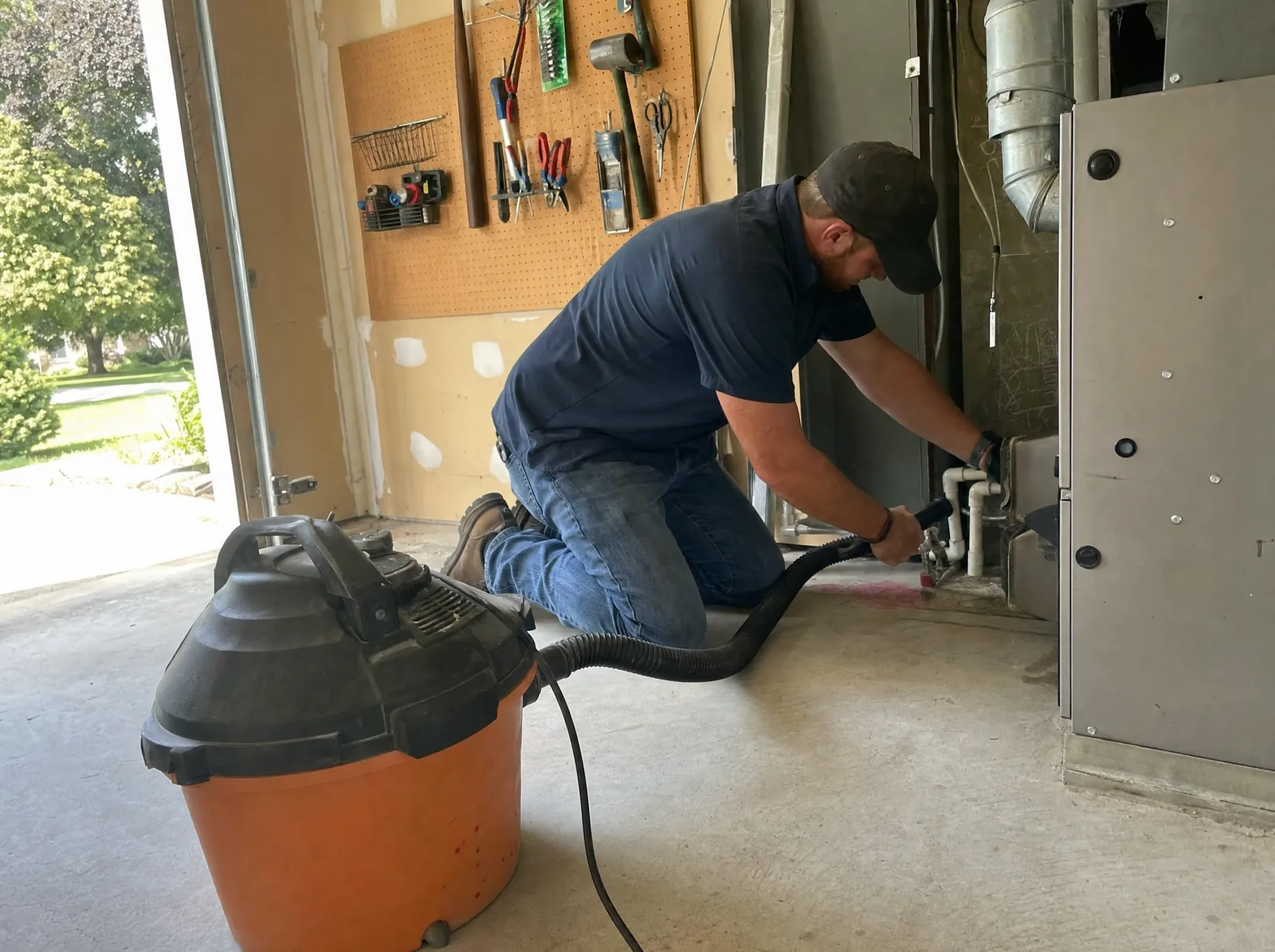 HVAC technician clearing a furnace condensate drain line with a wet-dry shop vacuum in a home garage