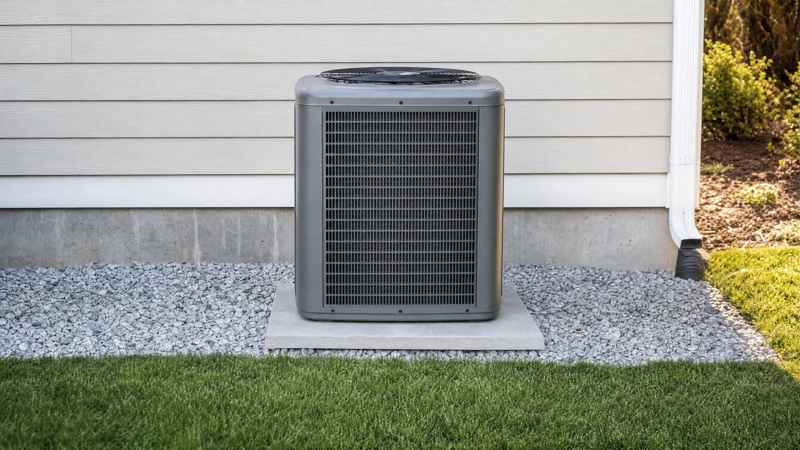 A new outdoor condenser centered on a fresh concrete pad with new sod.