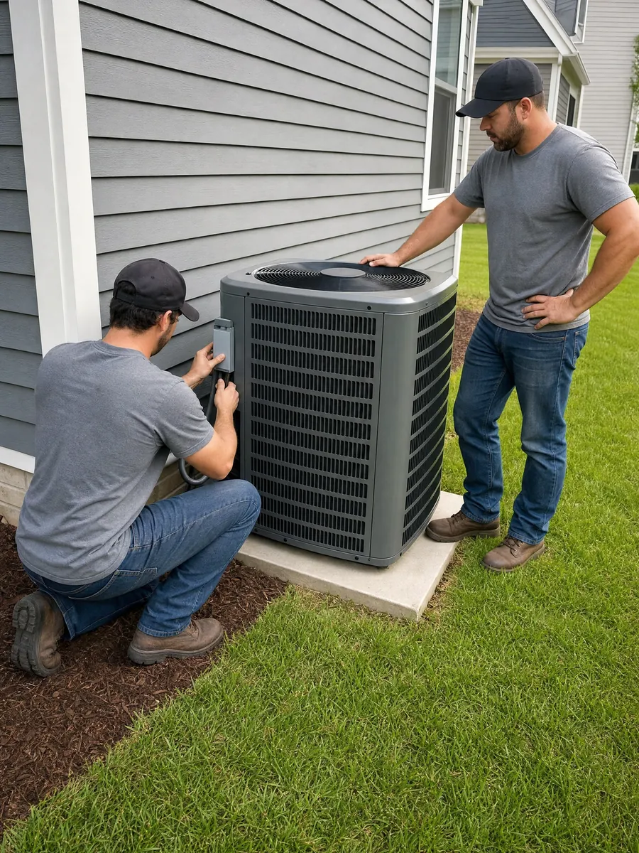 Two technicians on the ground beside a new outdoor air conditioner sitting on a concrete pad.