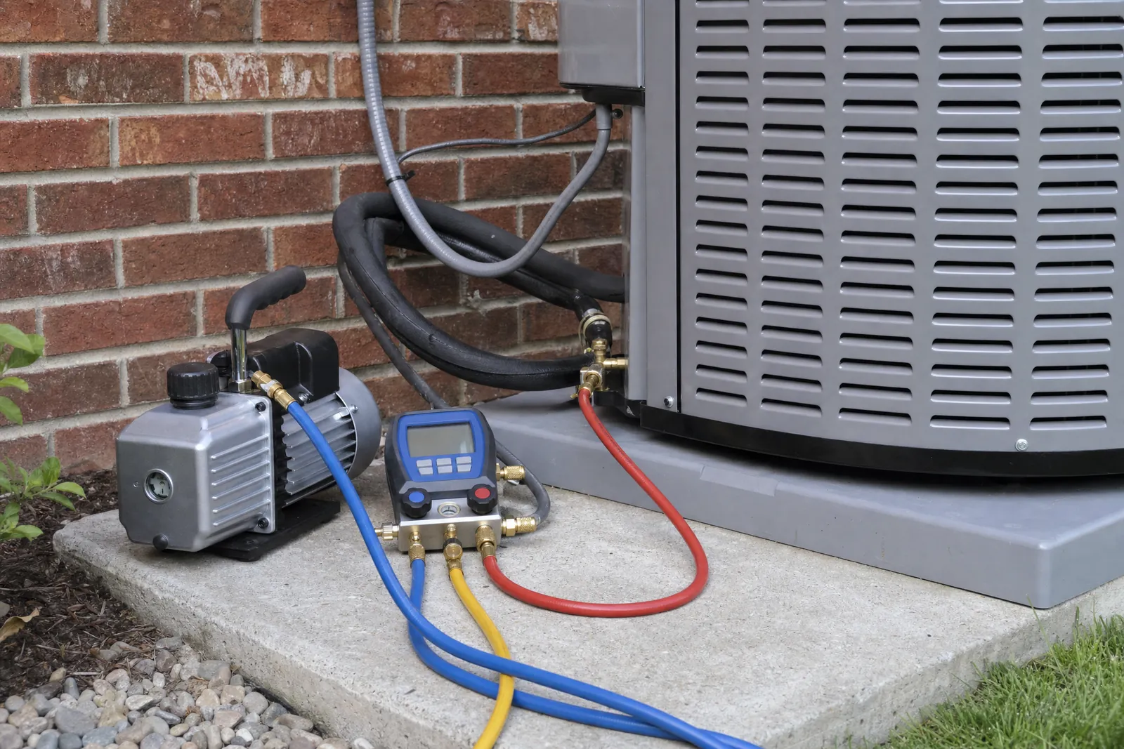 A vacuum pump and a micron gauge on a pad beside a new outdoor condenser.