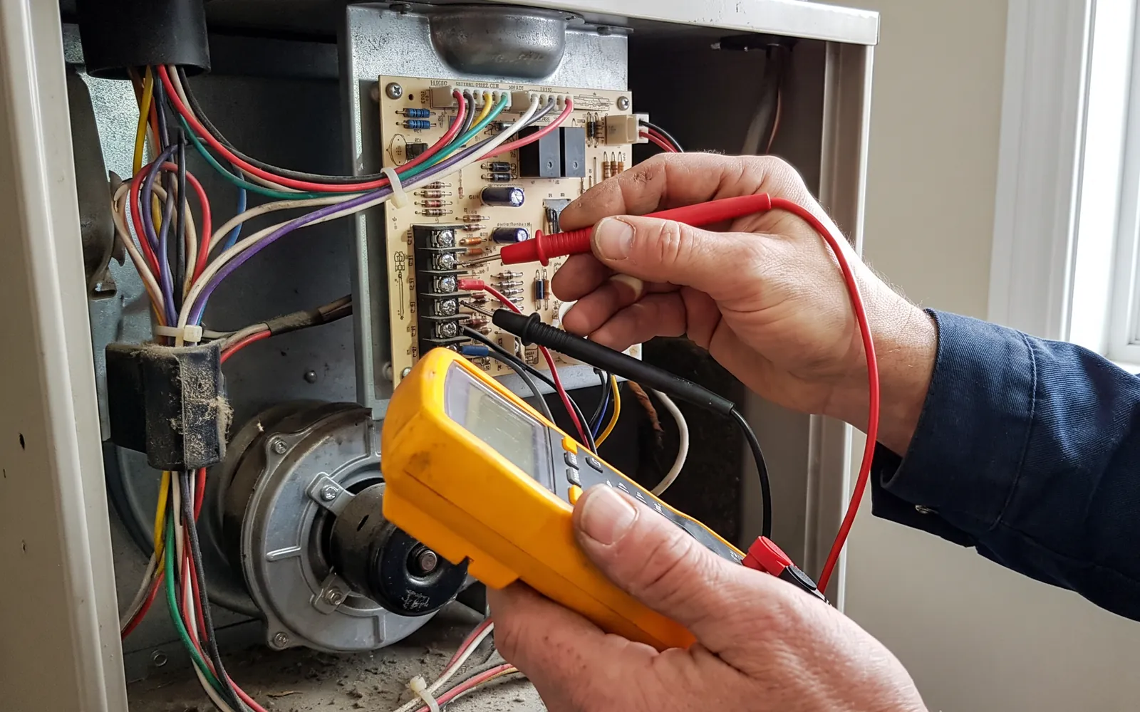 Technician testing a gas furnace control board with a digital multimeter