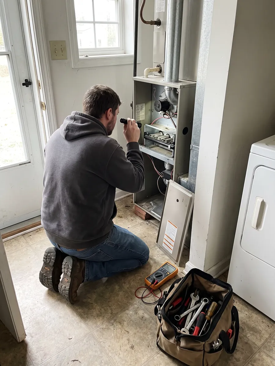 HVAC technician kneeling at an open gas furnace in a home laundry room, checking the burner compartment with a flashlight