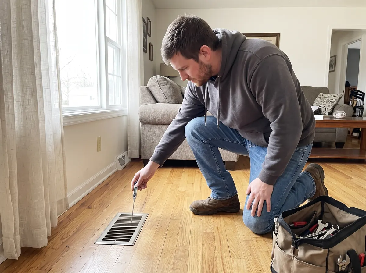 HVAC technician holding a probe thermometer over a floor register to confirm the heat is working after a furnace repair