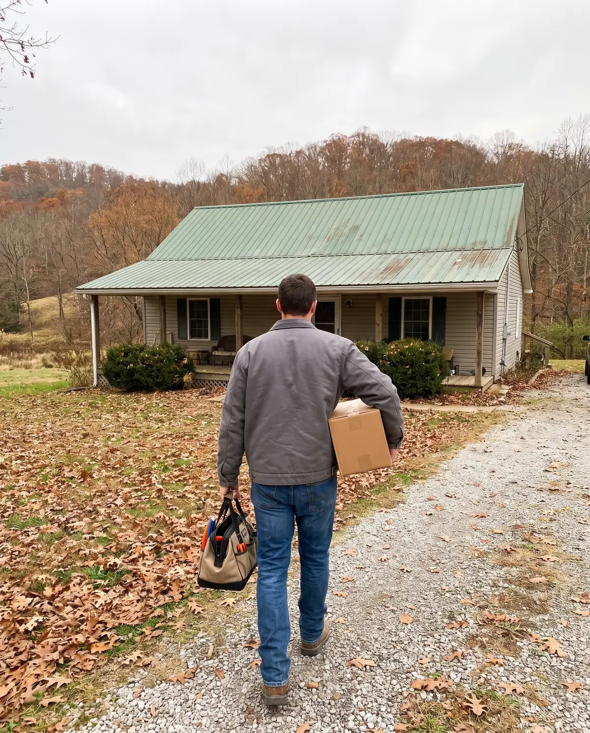 HVAC technician carrying a tool bag and a parts box up a gravel drive to a rural home with a metal roof in late autumn