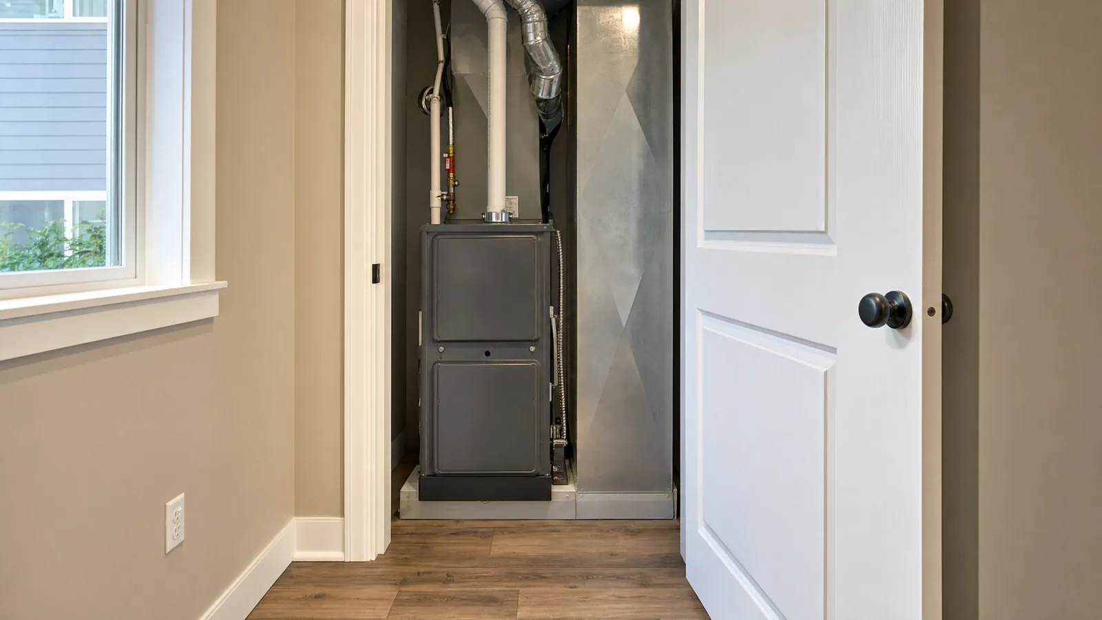 A finished utility closet with a new furnace and a return duct.