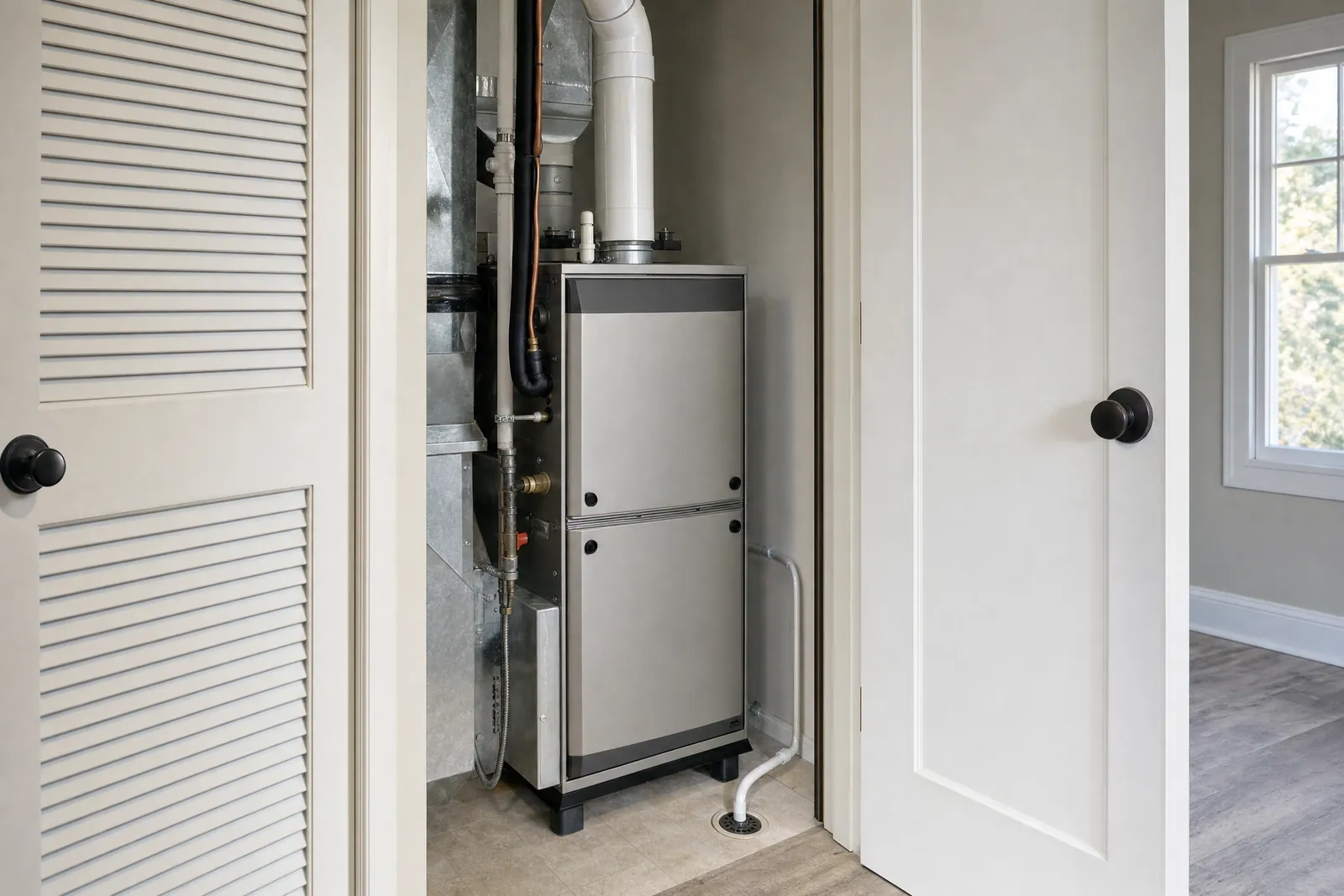 A new gas furnace in a closet with the flue and condensate line connected.
