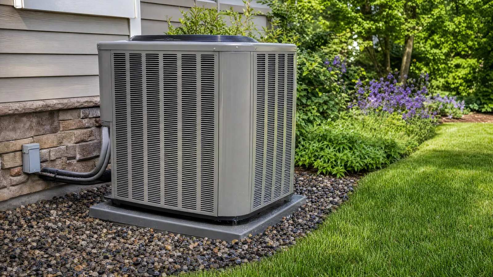 An outdoor condenser with clean fins and wet gravel after a rinse.