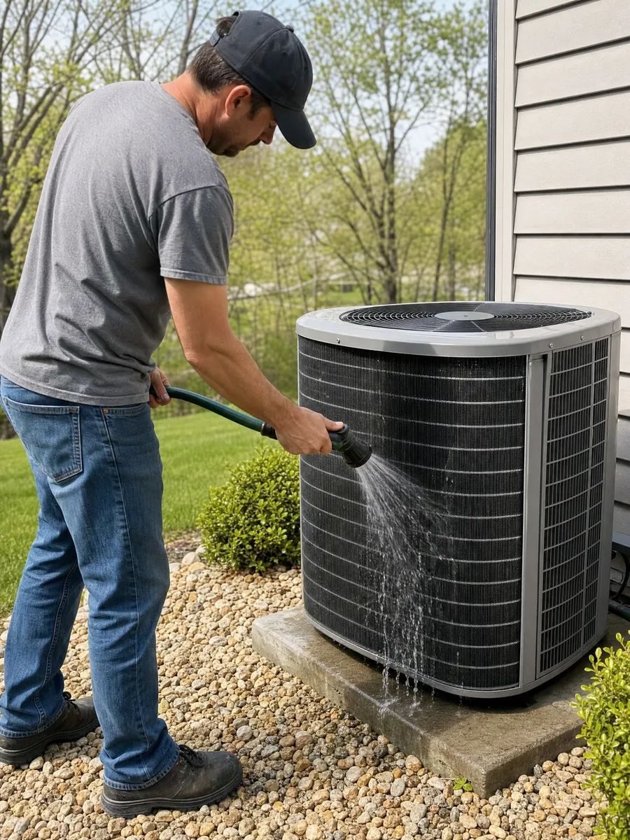 A technician rinsing an outdoor condenser coil, the unit sitting on its pad.