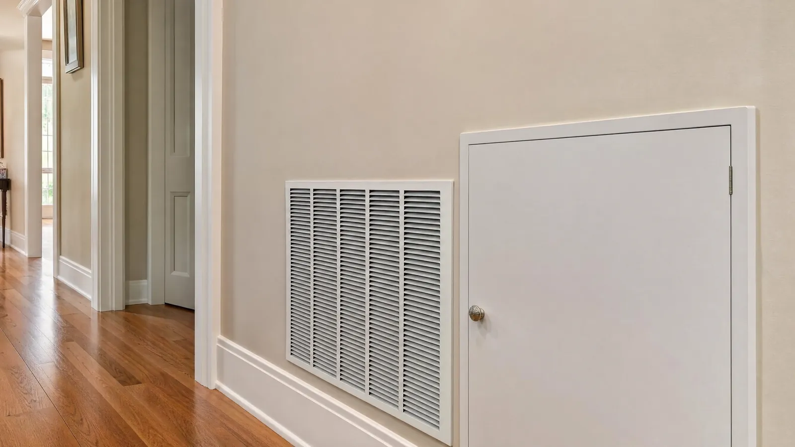 A return-air grille on a hallway wall next to a closed filter door.