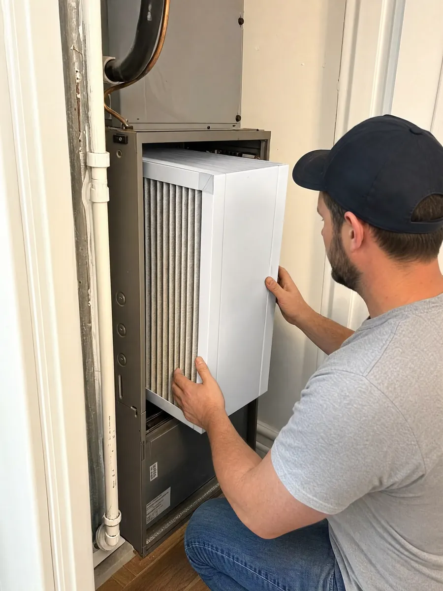 A technician sliding a thick pleated filter into a cabinet on a residential air handler.