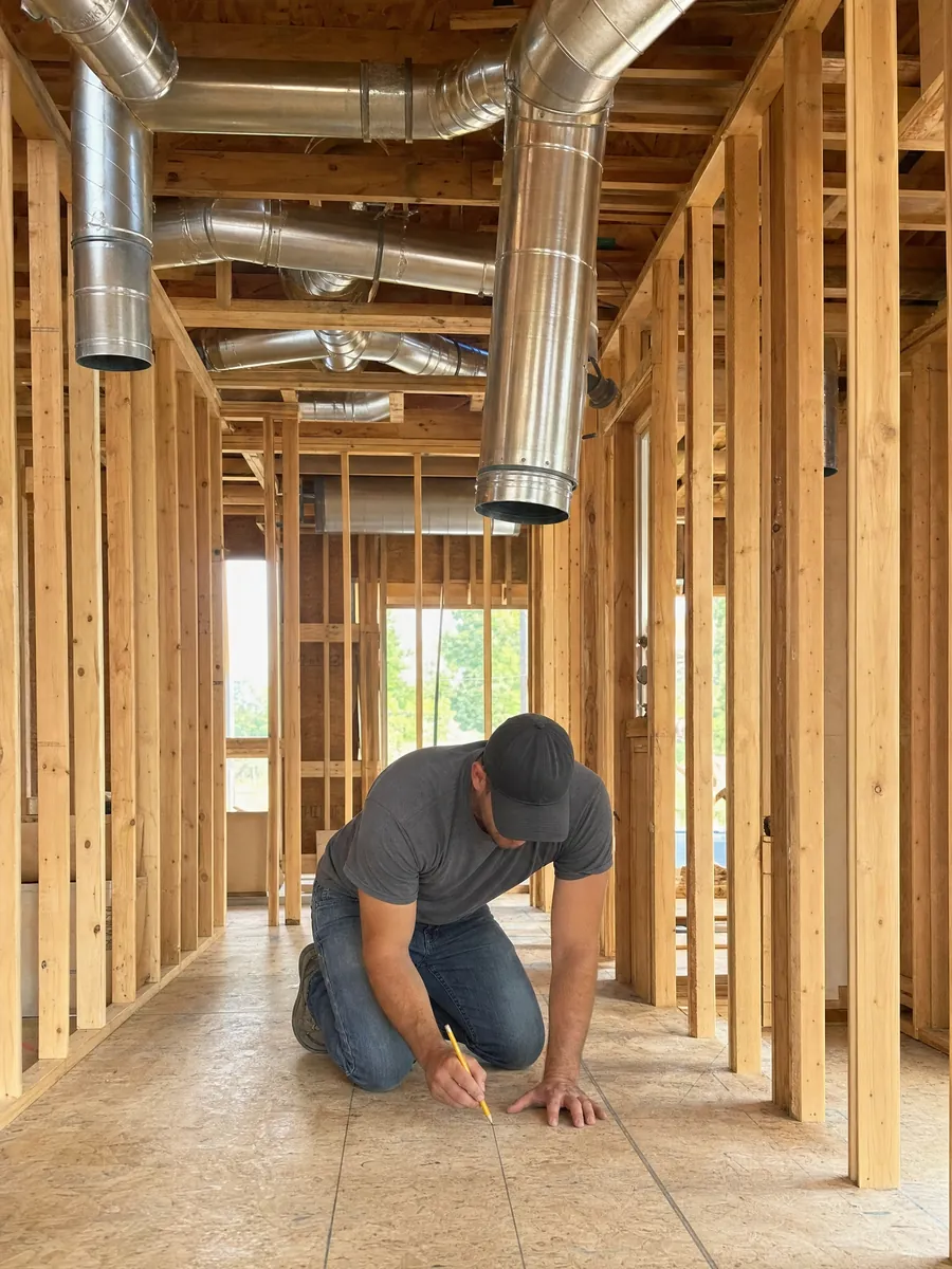 A technician marking a duct run in an open wood-framed house before drywall.