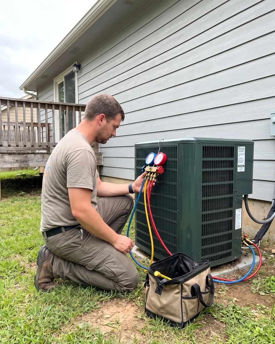 HVAC technician kneeling beside an outdoor AC condenser, reading a manifold gauge set connected to the service valves