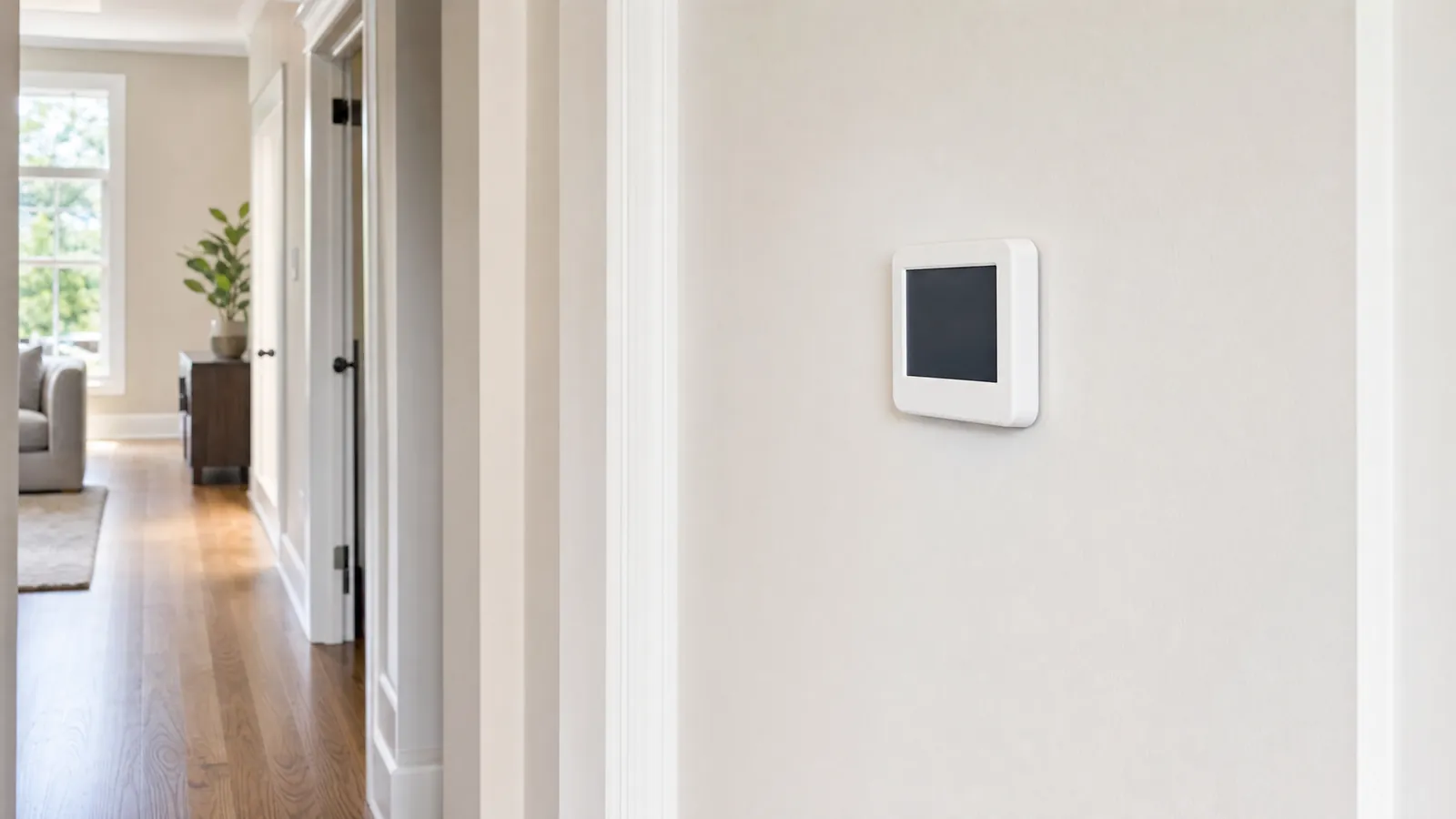 A plain white thermostat on a hallway wall, screen dark.